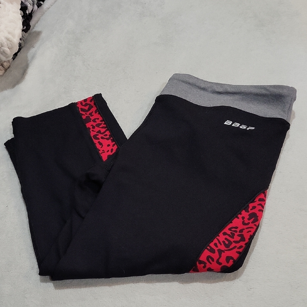 Bebe Sport Black and Red Capri Leopard Print Leggings